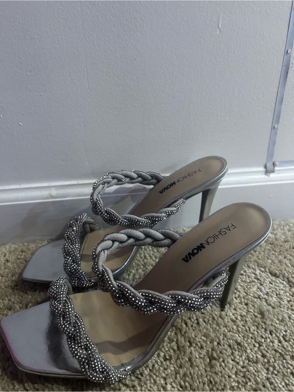 Fashion Nova Silver Braided Crystal Strap Stiletto Sandals